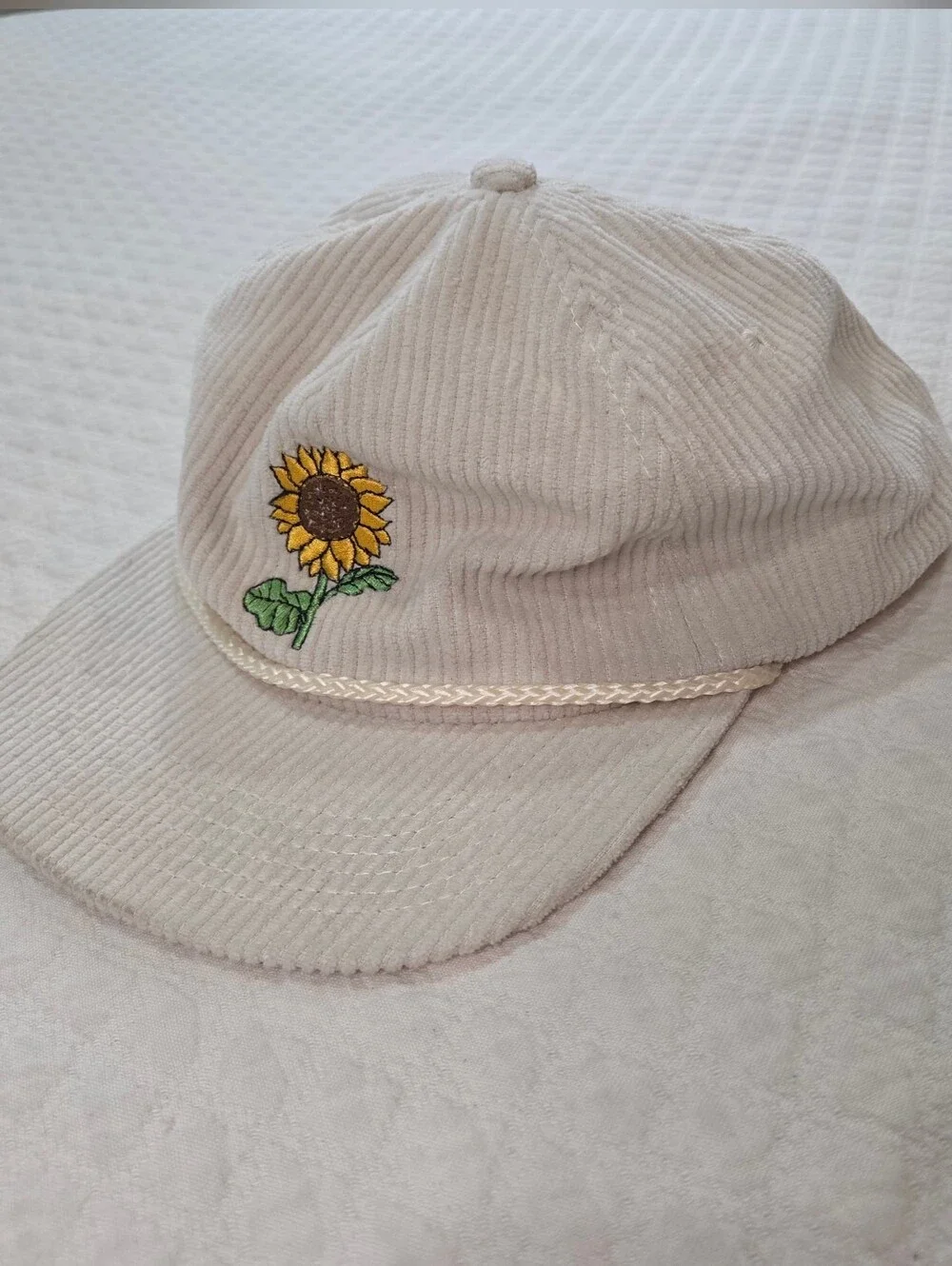 Snag Cream Corduroy Embroidered Sunflower Snapback Hat